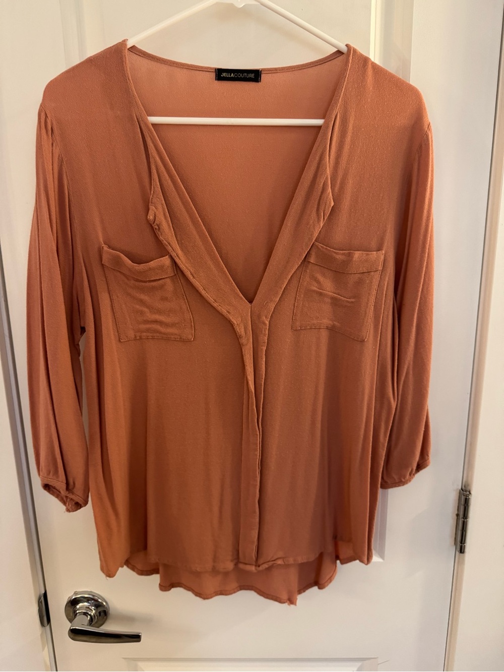 Jella Couture Women's Rust V-Neck Pocket Blouse